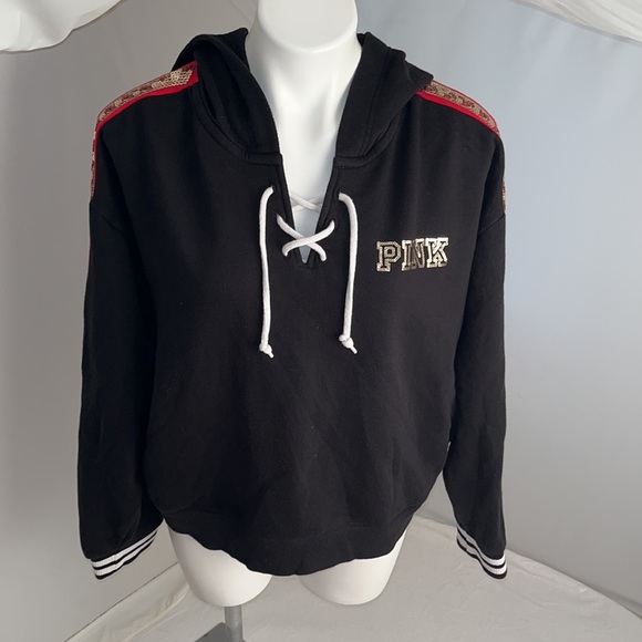 Victoria’s Secret Rose Bling black lace up sequin hoodie L - Picture 4 of 14
